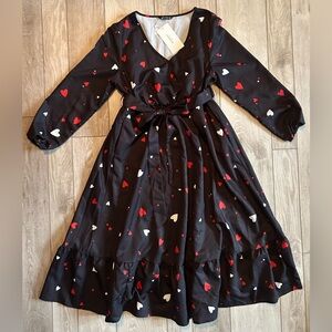 NWT Bloom Chic V Neck - Long Sleeved Black Dress W/ Hearts - Size 12 Women's